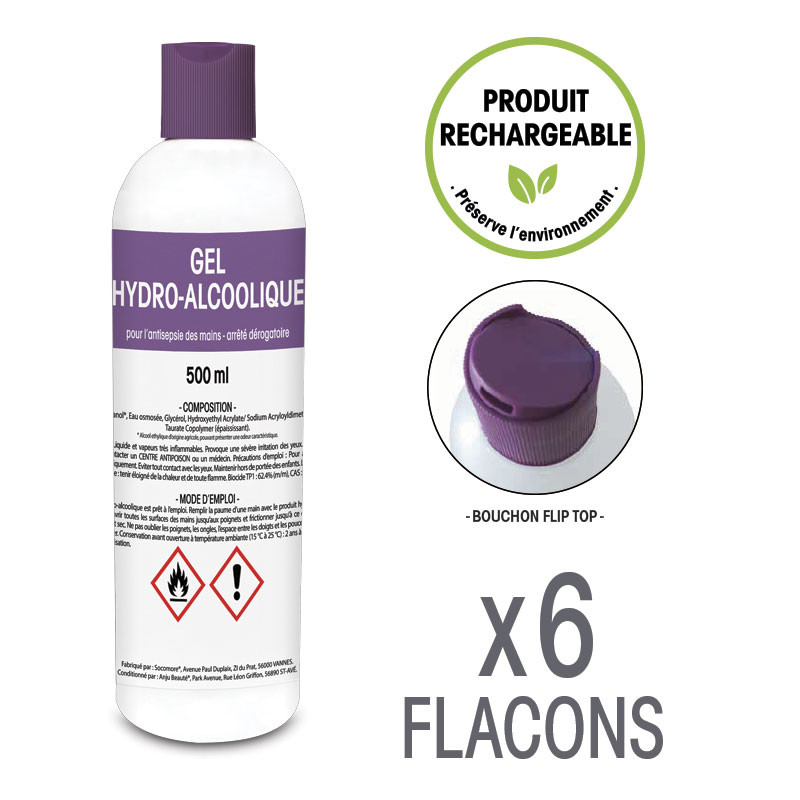 Gel hydro-alcoolique - 6 flacons de 500 mL rechargeables